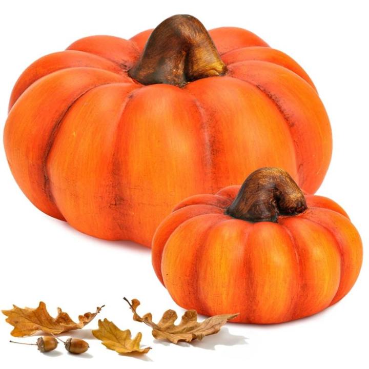 Pompoenset in fel oranje, herfstdecoratie, handgemaakte decoratieve pompoenen van klei voor binnen en buiten, weerbestendig en duurzaam, sierpompoenen, 10 en 16 cm, perfecte Hallow