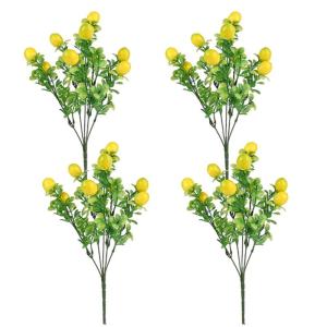 Kunstcitroentak, kunstmatige citroentakken, kunstcitroentak met groene bladeren, citroenboeket, kunstbloemenprikkers, citroentakken voor woondecoratie, 4 stuks