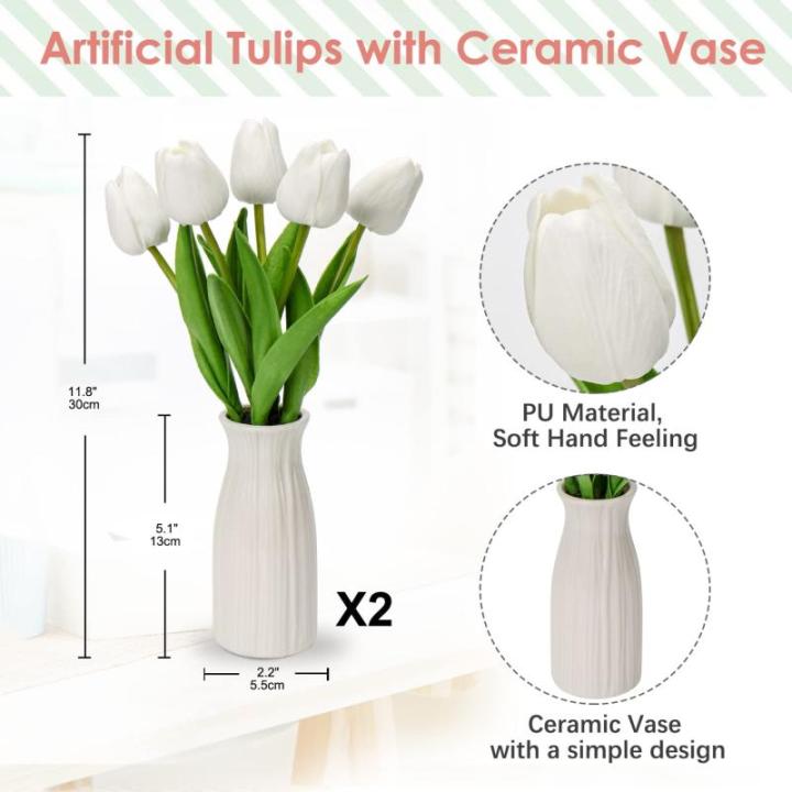 Kunstbloemen, kunsttulpen, net als echte echte tulpen, hoogte 30 cm, met vaas van keramiek, decoratieve kunstplant (wit)