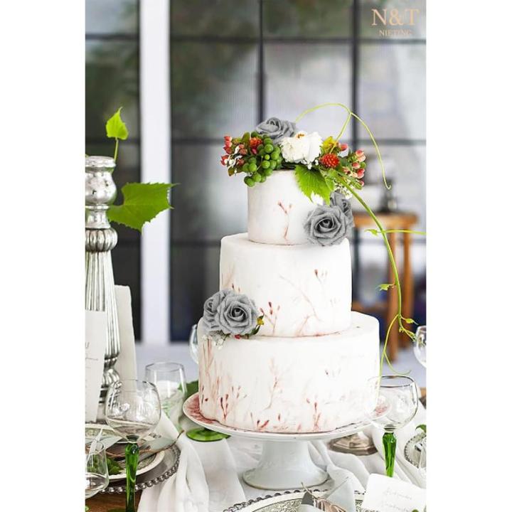 Kunstbloemen, 25 stuks kunstrozen, bloemen met stengels, echte touch, kunstschuim, rozen voor bruiloft, boeketten, feest, kantoor, baby, douche, thuis, kerstdecoratie (zilver)