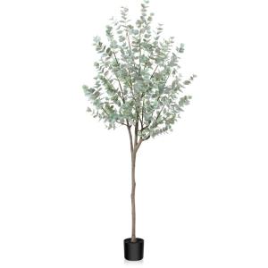 Kunstmatige eucalyptusboom, 180 cm, nep-eucalyptusboom met witte zilveren dollarbladeren, zijden faux eucalyptusboom met plastic kwekerijpot, voor thuiskantoor en binnendecoratie,