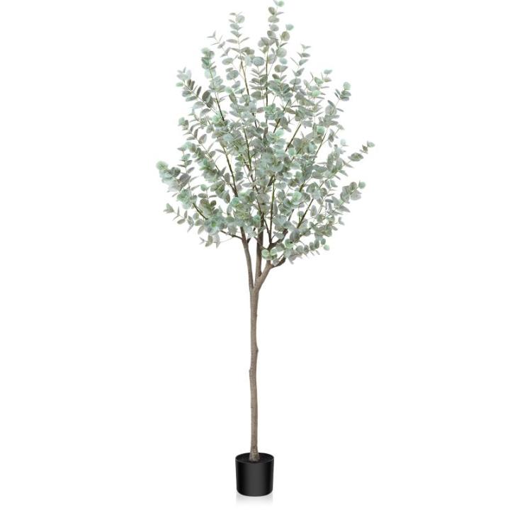 Kunstmatige eucalyptusboom, 180 cm, nep-eucalyptusboom met witte zilveren dollarbladeren, zijden faux eucalyptusboom met plastic kwekerijpot, voor thuiskantoor en binnendecoratie,