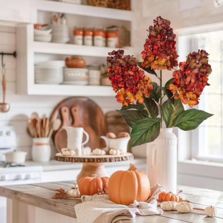 3 STKS Herfst Nep Hortensia Zijde Bloemen 27,5 inch Hoge Kunstmatige Hortensia, Oranje Kunstbloem Zijde Hortensia Lange Stengel voor Bloemstuk Herfst Decoraties