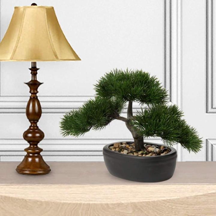 Kunstbonsai Natuurgetrouwe kunstplant, kunstboom, bonsai, ceder, grenen, podocarpus, plastic plant, kunstplant met keramische pot in zwart, voor badkamerdecoratie, desktop, kantoor