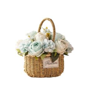 Kunstblumen Künstliche Blumen mit Vase, künstliche Hortensien mit Stroh-Handblumenkorb, künstliche Pflanzen-Dekor – Seidenrosen-Ornamente für jeden Anlass