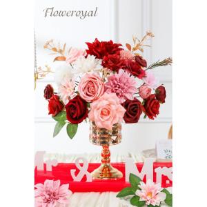 Künstliche Blumen Combo Rote Blumen Mix Seidenblumen Dahlie Rosen mit Stielen für DIY Hochzeit Brautsträuße Babyparty Blumenarrangement Tischaufsätze Heimdekorationen
