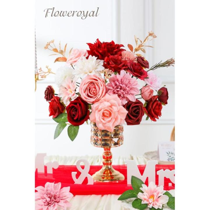 Künstliche Blumen Combo Rote Blumen Mix Seidenblumen Dahlie Rosen mit Stielen für DIY Hochzeit Brautsträuße Babyparty Blumenarrangement Tischaufsätze Heimdekorationen