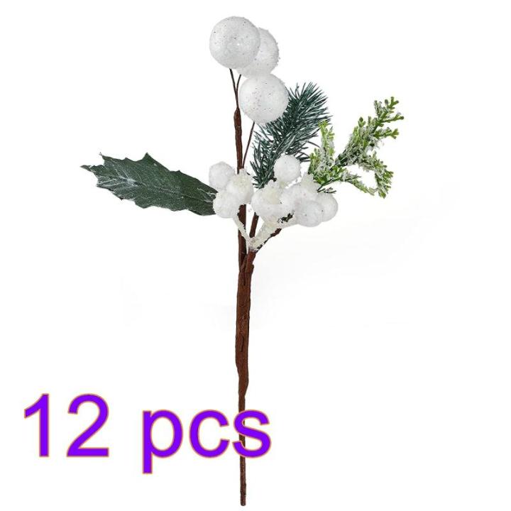 Weihnachtsstiele mit weißen Beeren, 12 Stück, künstliche immergrüne Kiefer(White)