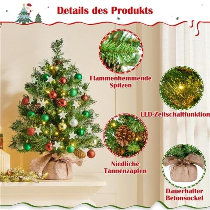 Set van 2 61 cm mini-kunstkerstboom met 35 warmwitte ledlampen en 12 dennenappels, kleine kerstboom, tafel, dennenboom voor kerstdecoratie, groen
