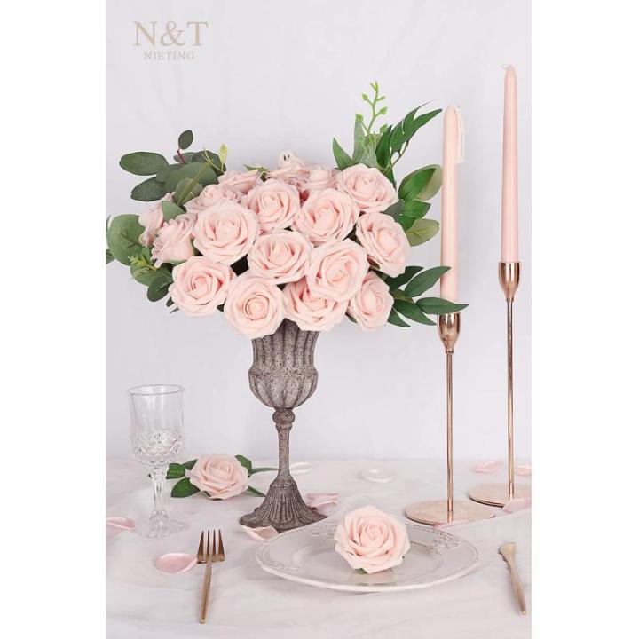 Kunstbloemen, rozen, 25 stuks, decoratieve bloemen, kunstrozen met stelen, Valentijnsdag, Moederdag, bruiloftsfeest, babyshower, woondecoratie, roze (blush pink)