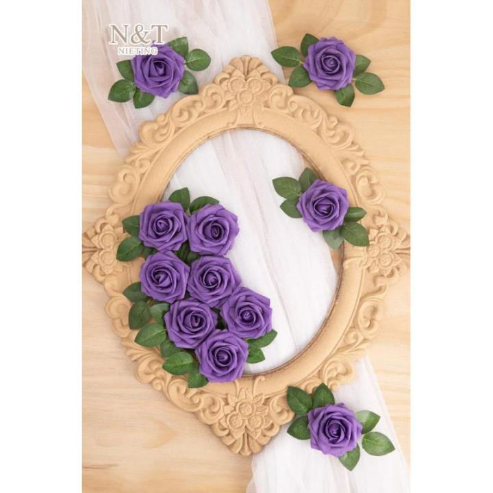 Kunstbloemen, rozen, 25 stuks, kunstrozen met stelen, doe-het-zelf decoratie, bruidsboeketten, Valentijnsdag, Moederdag, bruiloftsfeest, babyshower, woondecoratie, donkerpaars