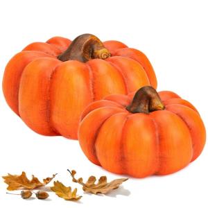 Zierkürbisse orange als Herbst-Deko 2er Set in 16, 19 cm - Keramik Deko-Kürbisse als wetterfeste Outdoor Gartendeko - Kürbis-Deko als Erntedankfest Zimmer-Deko oder draußen Hau
