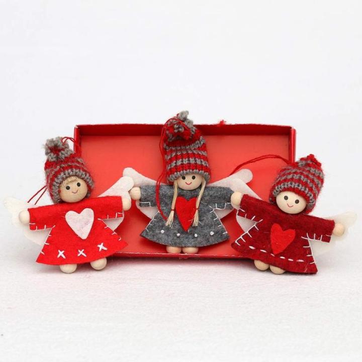 Vilten poppen engel met gebreide muts als hanger / boomopknoping in 3-delige set, afmetingen L/B/H: 1,5 x 5 x 8 cm., 550095