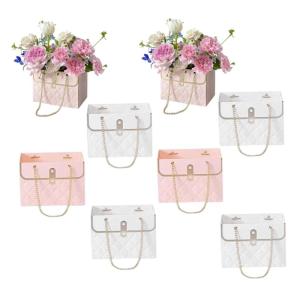 Blumengeschenkbeutel 8pcs 5.91x3.94x4.13 Zoll Blumenkästen für Anordnung rechteckige Rhomboid -Fashion Bouquet Papierpapierbeutel mit Griff weiß und