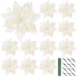 12 stuks glitter kerstster bloemen kerstbloemen met 12 stuks kunststof wortelstokken 12 stuks clips kunstglitter kerstboom bloemen voor kerstboom Nieuwjaar decoraties