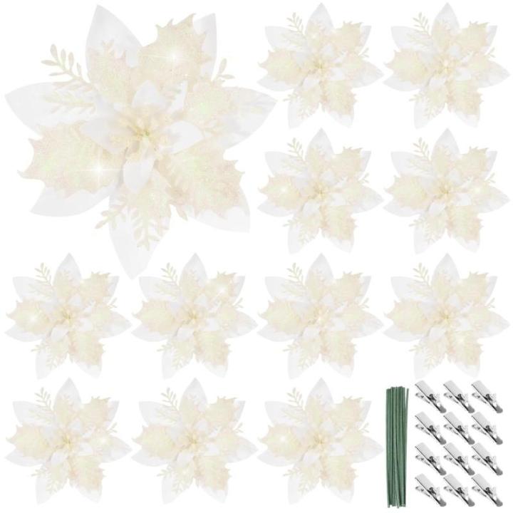 12 stuks glitter kerstster bloemen kerstbloemen met 12 stuks kunststof wortelstokken 12 stuks clips kunstglitter kerstboom bloemen voor kerstboom Nieuwjaar decoraties