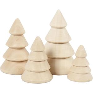 Kerstbomen van hout, H: 3,3 + 4,3 + 5,3 + 6,3 cm), D: 2,3 + 3 + 3,2 + 4 cm, Empress-hout, 4 stuks