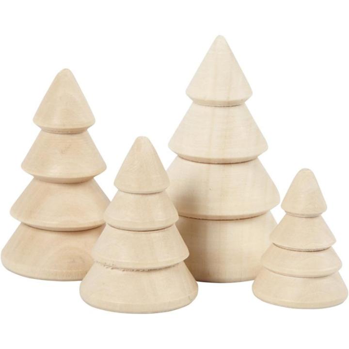 Kerstbomen van hout, H: 3,3 + 4,3 + 5,3 + 6,3 cm), D: 2,3 + 3 + 3,2 + 4 cm, Empress-hout, 4 stuks