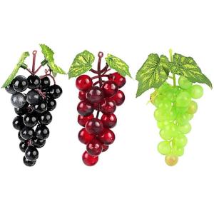Kunststof druiven, 3 stuks herbruikbare kunstmatige druiven, kunstfruitdruiven, decoratief rekwisiet van plastic voor fruit, wijndecoratie voor keuken, bruiloften, binnen, buiten, 