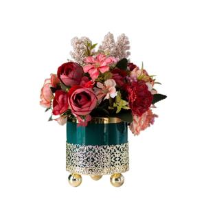 Kunstblumen Künstliche Seidenblumen mit Vase, gefälschte Blumenarrangements, Leichter Luxus-Metallständer, Keramiktopf für Zuhause, Hochzeitsdekoration für jeden Anlass