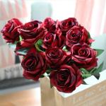 Kunstmatige Zijde Roos Bloem Enkele Stam Levensechte Nep Roos voor Bruiloft Boeket Bloemenarrangementen Huis Feest Bloemstuk Decoratie, 10 stuks (Gradiënt Donkerrood)