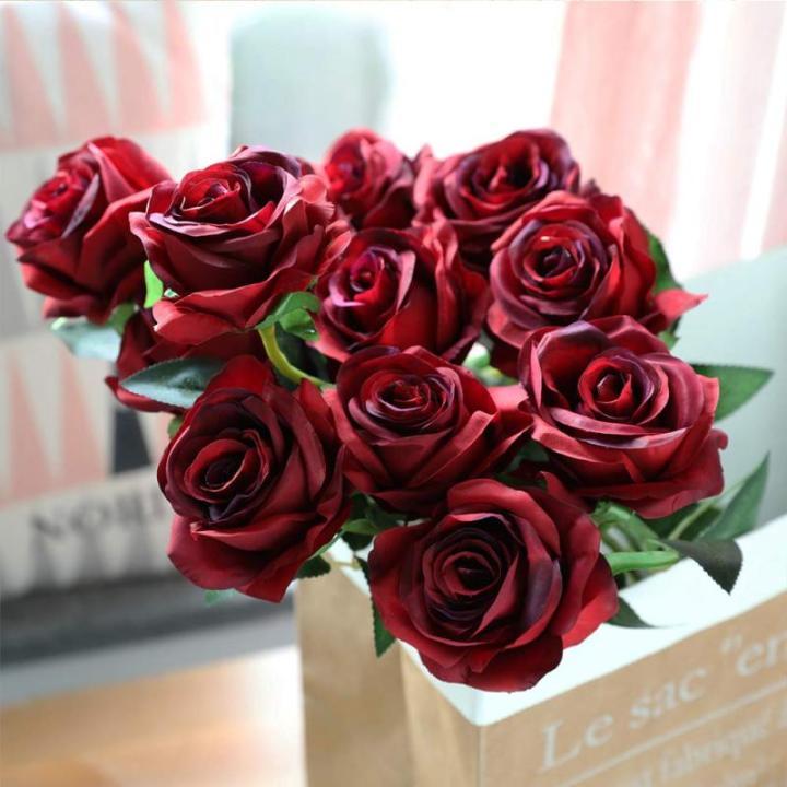 Kunstmatige Zijde Roos Bloem Enkele Stam Levensechte Nep Roos voor Bruiloft Boeket Bloemenarrangementen Huis Feest Bloemstuk Decoratie, 10 stuks (Gradiënt Donkerrood)