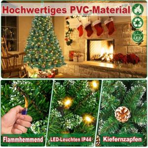 Kunstkerstboom met verlichting, groen, pvc, met sneeuweffect en dennenappels, led, pvc, kerstboom, decoratieve boom met standaard, kerstdecoratie voor kerstdecoratie