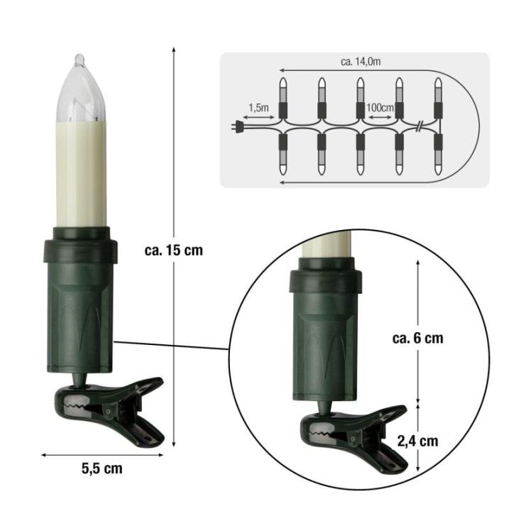 Kleine schacht lichtketting kerstboom buiten met deelbare stekker en clip, 15 kaarsen, verlicht 14 m, voedingskabel 1,5 m, kerstverlichting buiten, schacht wit kabel zwart, 