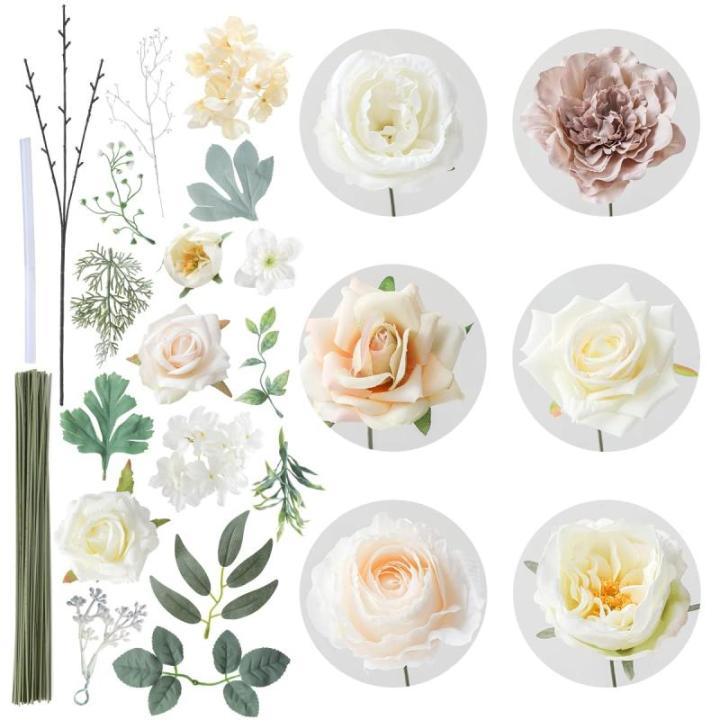 Künstliche Blumen Combo weiße Blumen Mix Seide Blumen Dahlie Rosen mit Stielen für DIY Hochzeit Brautsträuße, Babyparty, Blumenarrangement, Tischaufsätze, Heimdekorationen.