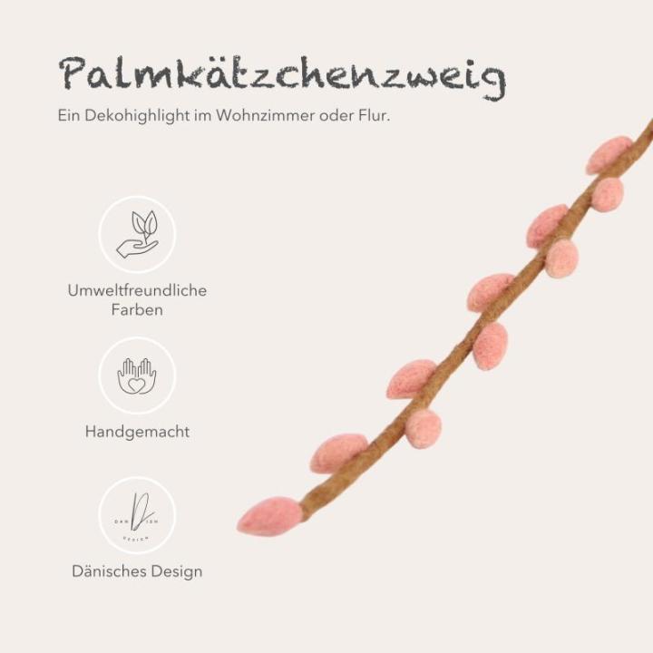 Gry & SIF Kunstpalmkittentakken, flexibele steel, decoratieve tak, kunsttak van vilt, wilgenkatje, kittenwilg, lentedecoratie, handgemaakt, Fairtrade I 43 cm, 3 x roze