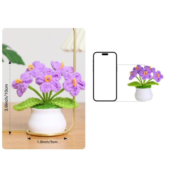 Kunstbloem, gehaakte bloemen, potplant, mini gebreide bloempot, kleine handgemaakte gehaakte bloem voor thuiskantoor tafeldecoratie, cadeau voor haar Valentijnsdag (1, paarse bloem