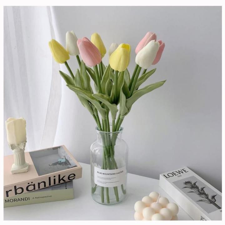 Kunstblumen Simulations-Tulpenstrauß in Glasvase, künstlicher gefälschter Blumentopf für Tischdekoration, Badezimmer-Ornamente im Innenbereich für jeden Anlass