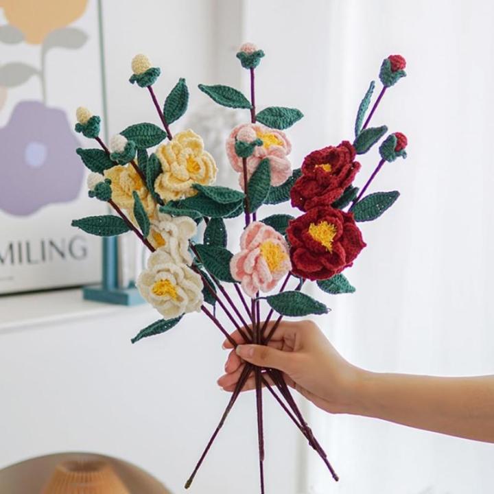 stücke Handgewebte Kamelie Blume Gestrickt Häkeln Blumenstrauß Hochzeit Ornamente