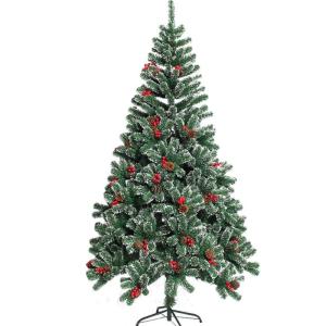 6 Fuß künstlicher Weihnachtsbaum, unbeleuchtet, hochwertiger, schneebedeckter/beflockter Klappbaum mit faltbarem Metallständer, mit Tannenzapfen und Beeren als Weihnachts