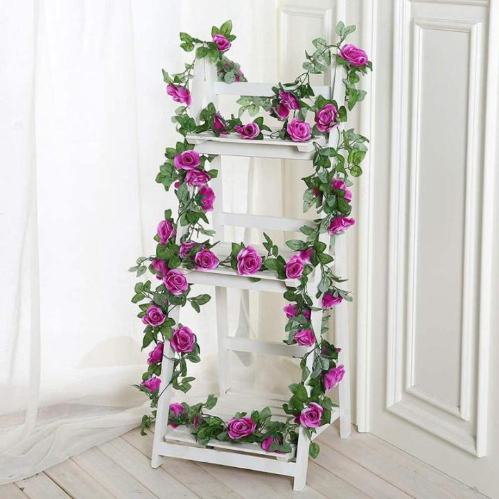 guirlande met kunstrozen, 2 stuks, 220 cm, hangende bloemen van zijde voor outdoor, indoor, bruiloft, badkamer en wanddecoratie (paars)