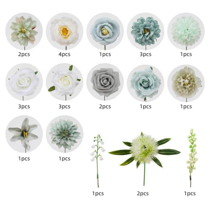 Kunstbloemen, combi, blauwe bloemen, zijden bloemen, dahlia-rozen met stelen voor bruiloft, bruidsboeketten, tafeldecoratie, babyshower, bloemstuk, woondecoraties
