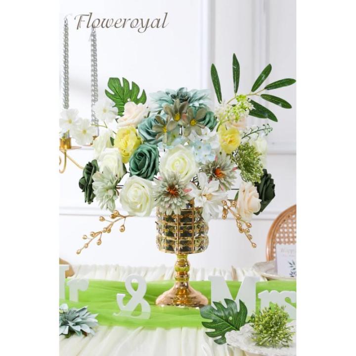 Künstliche Blumen Combo Grüne Blumen Mix Seidenblumen Dahlie Rosen mit Stielen für DIY Hochzeit Brautsträuße Babyparty Blumenarrangement Tischaufsätze Heimdekorationen