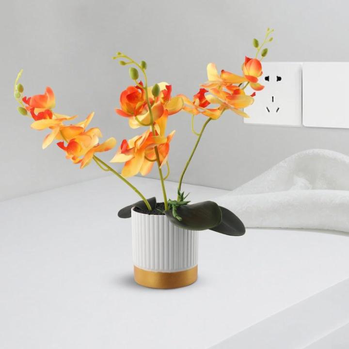Künstliche Blume, Phalaenopsis-Bonsai-Dekoration, künstliche Orchidee, lebensechte künstliche Blume, Display in Weißgold-Topf (orange)