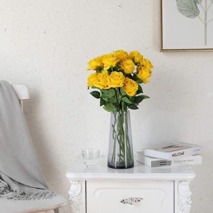 Kunstmatige Zijde Roos Bloem Enkele Stam Levensechte Nep Roos voor Bruiloft Boeket Bloemenarrangementen Huis Feest Bloemstuk Decoratie, 10 stuks (Geel)