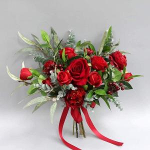 Hochzeitsstrauß for die Braut mit künstlichen Blumen, Vintage-Brautstrauß in Rot, Rosen- und Grüntöne, Braut mit Blumen, Seiden-Hochzeitssträuße, Zubehör