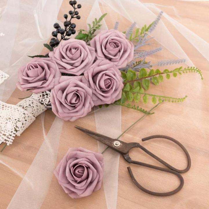 Kunstbloemen, rozen, 25 stuks kunstrozen met stelen voor Valentijnsdag, bruidsfeesttafels, boeketten, bruid, woondecoratie, stofroze paars