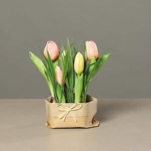 kunstmatige tulpenarrangement met gras op kunstmatige aardballen en papieren zakje, ca. 20 cm roze kunstbloem tulp kunstplant