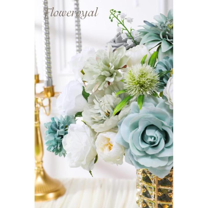 Kunstbloemen, combi, blauwe bloemen, zijden bloemen, dahlia-rozen met stelen voor bruiloft, bruidsboeketten, tafeldecoratie, babyshower, bloemstuk, woondecoraties