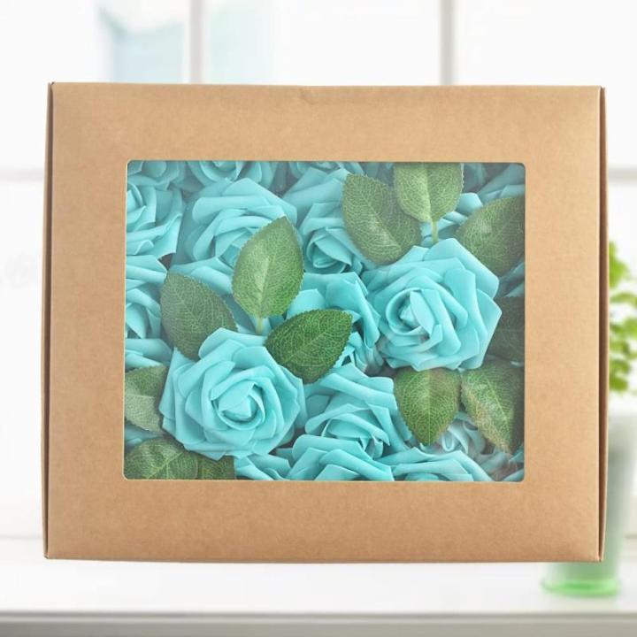 Kunstroos, van schuim met stengel voor thuisdecoratie, bruidsboeketten, feesten, tafelversiering, jubilea, 25 stuks, lichtblauw