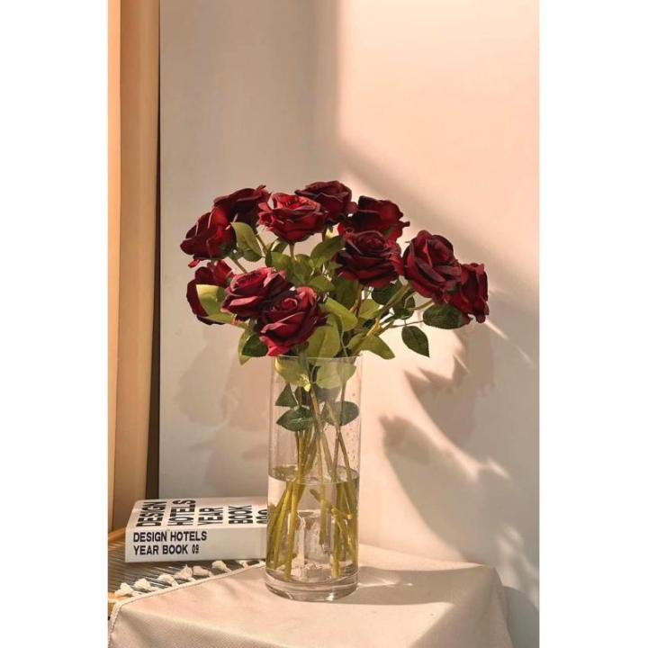 12 stuks Kunstmatige Rozen, 53cm Kunstrozen Enkele Lange Steel , Realistische voor Bruiloftsboeket, Thuis Tuin Woonkamer Hotel Kantoor Decoratie (Weinrot)