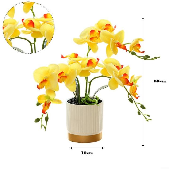 Künstliche Blume, Phalaenopsis-Bonsai-Dekoration, künstliche Orchidee, lebensechte künstliche Blume, Display in Weißgold-Topf (gelb)