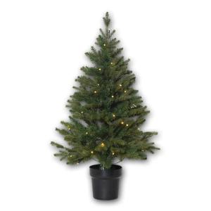 Trading Kunstkerstboom Byske, kleine dennenboom in groen met pot en led-lichtketting voor binnen en buiten, warmwit met timer, sensor, werkt op batterijen, hoogte: 90 cm, IP44