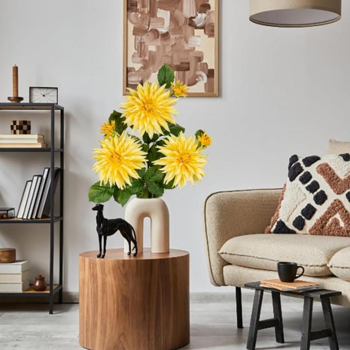 3 stuks gele kunstmatige dahlia's, 75 cm kunstzijden bloemen met lange steel voor bloemarrangementen, faux dahlia's bloemen voor doe-het-zelf bruiloft party middenstuk huis kantoor