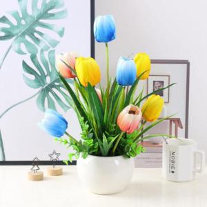 Kunstblumen Künstliche Tulpenblumen mit Keramikvase, echter Tulpenstrauß, lebendiges Tulpenblumenarrangement, für Hausgartenparty für jeden Anlass