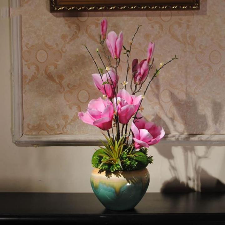 Kunstblumen Gefälschte Magnolienpflanzen für den Innenbereich, künstliche Blumenarrangements mit Porzellanvase, Innendekoration für Hochzeitsfeiern zu Hause für jeden Anlass